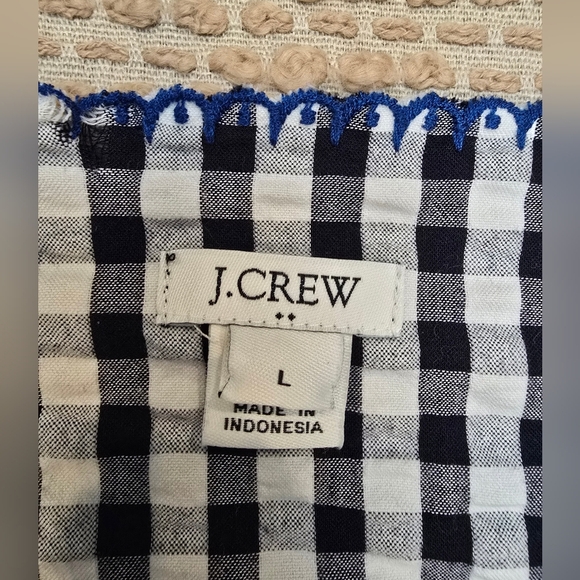 J. Crew Black Blue Gingham Plaid Floral Embroidered Square Neck Tunic Top Large - Picture 10 of 14